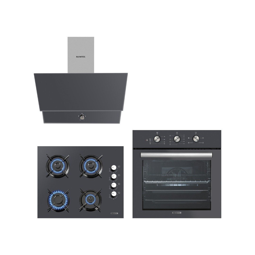Kumtel Kristal Antrasit Ankastre Set (DA6-830 Davlumbaz - KO-40 TAHDF Ocak - B66 - Sf2 Fırın)