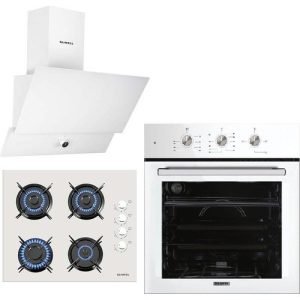 Kumtel Beyaz Cam Ankastre Set (DA6-830 Beyaz Davlumbaz + KO-40TAHDF Ankastre Beyaz Ocak + B66 - S2 (Mt) 3 Pro 3 Düğme(Plus) Cam Tel Raf Beyaz)