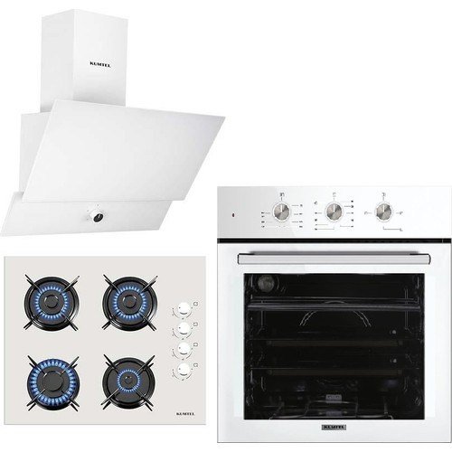 Kumtel Beyaz Cam Ankastre Set (DA6-830 Beyaz Davlumbaz + KO-40TAHDF Ankastre Beyaz Ocak + B66 - S2 (Mt) 3 Pro 3 Düğme(Plus) Cam Tel Raf Beyaz)