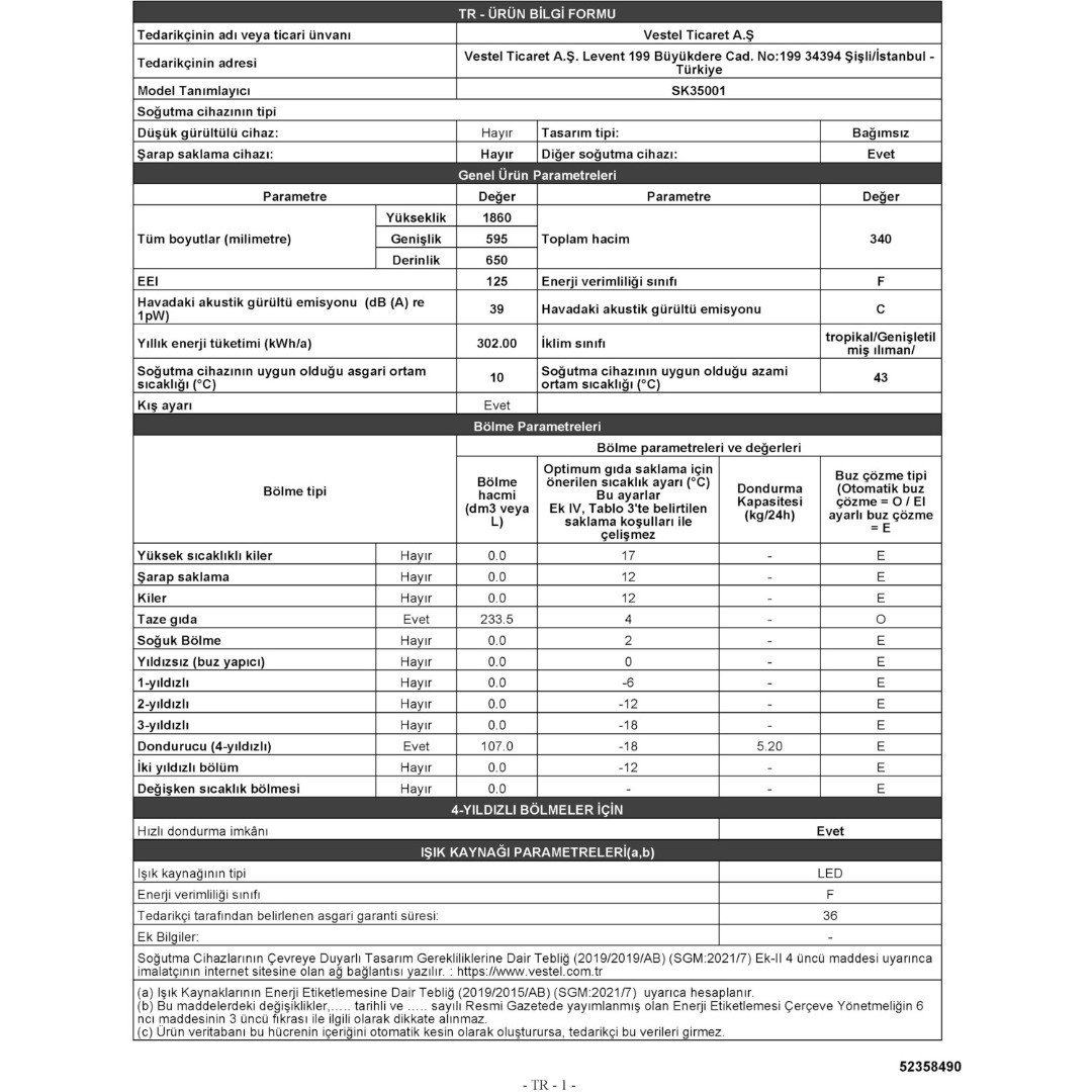 Vestel SK35001 341 Lt Statik F Kombi Tipi Buzdolabı - Görsel 6